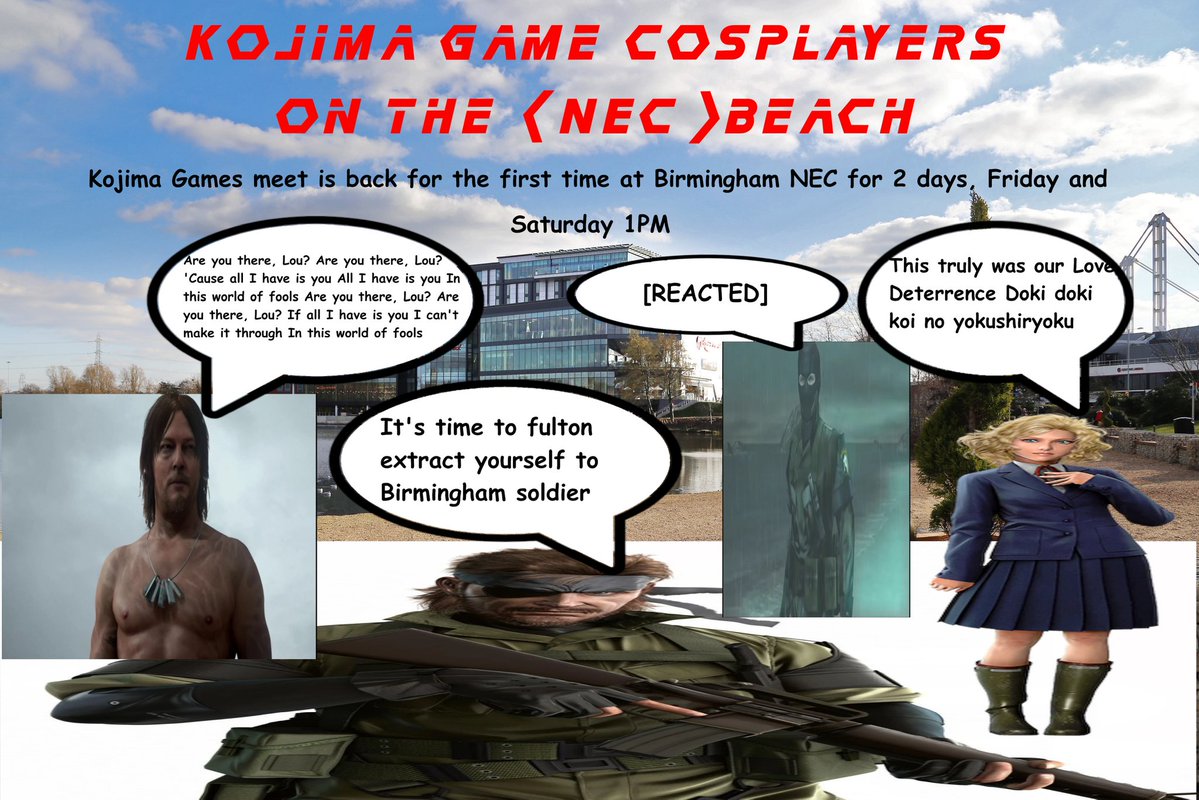 kjgamecosplayer's tweet image. For the first time Kojima Game Cosplayers will be at comic con for 2 days!

We&apos;ll be meeting at the Birmingham NEC at 1PM on both Friday and Saturday.

See you on the beach!

#DeathStranding #MetalGearSolid #ComicCon #kojima