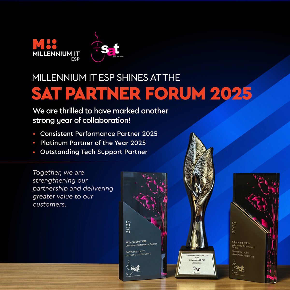 MillenniumITESP's tweet image. Recognised across key categories at the #SAT #PartnerForum2025 - a testament to strong teamwork and trusted collaboration.

#MITESP #Awards2025 #TechPartnerships