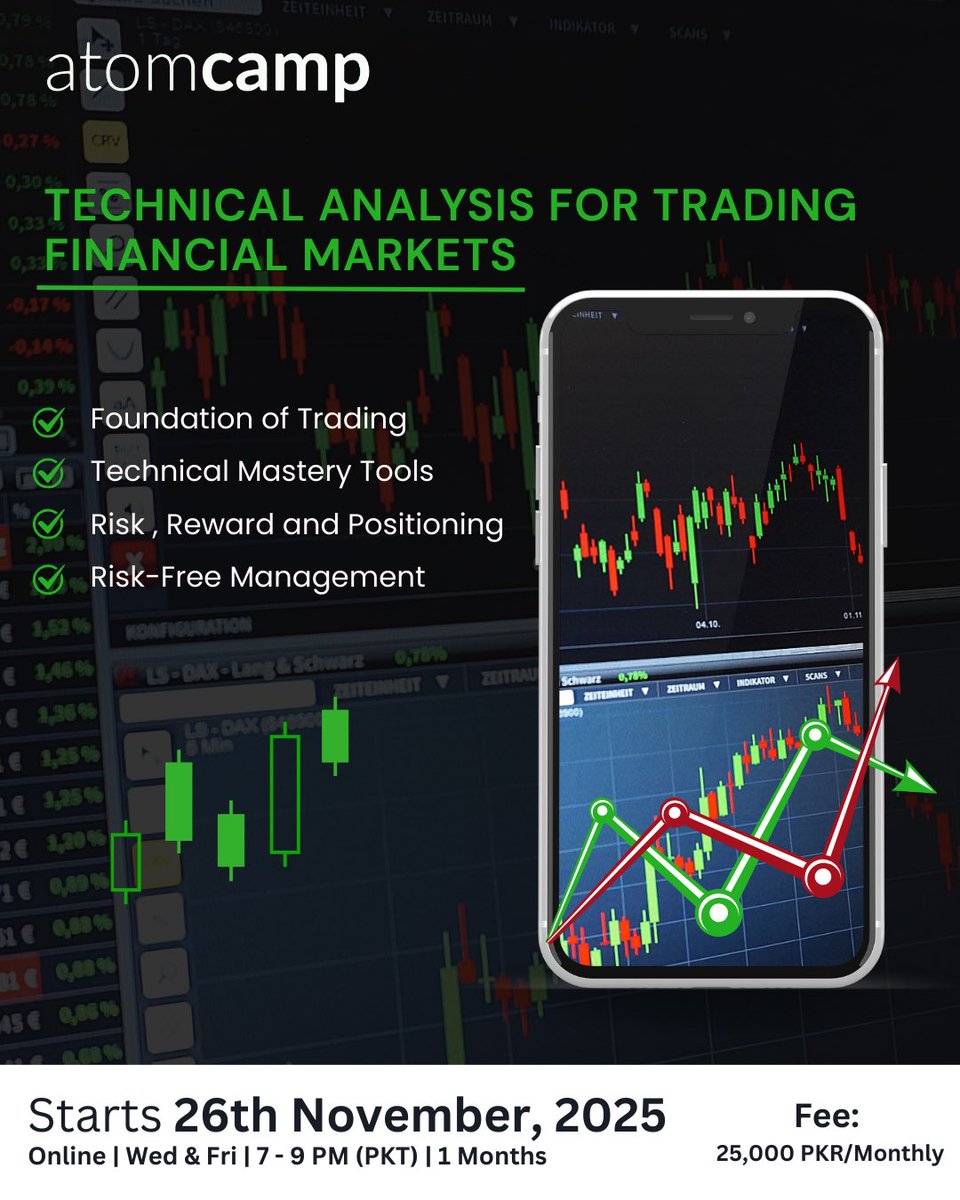 atomcamp's tweet image. Stop guessing. Stop following random signals.
In our Financial Markets Bootcamp, you’ll learn the exact techniques professionals use — chart reading, trend analysis, risk control, and disciplined trading.

Whether you’re a complete beginner or someone who has tried trading…