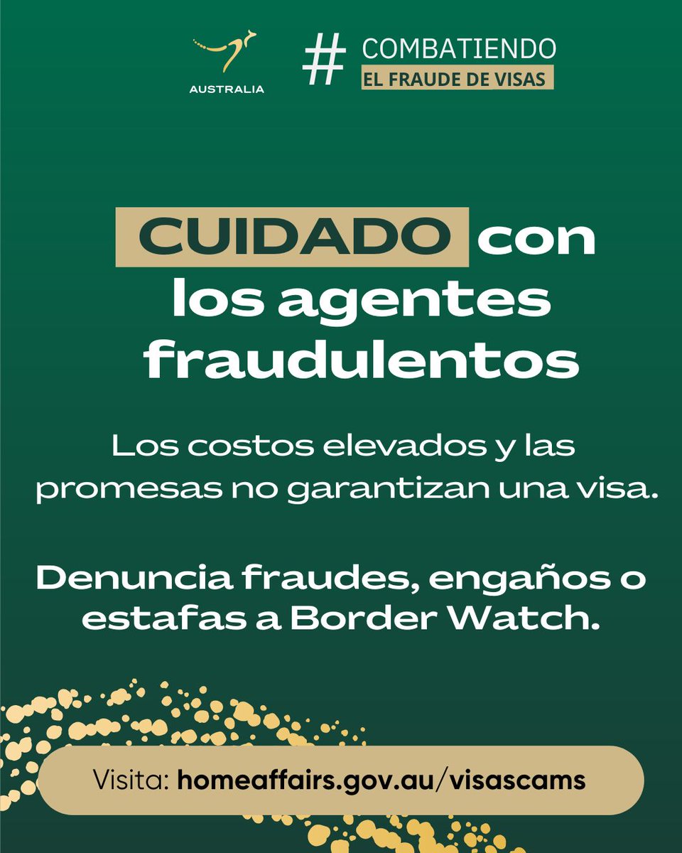 Piénsalo dos veces si tu agente de inmigración te exige tarifas de visa excesivas y te promete una visa. ¡Estas son señales de alerta!
Protégete y lucha contra el fraude de visas. Más información en homeaffairs.gov.au/visascams
#flightingvisafraud #fraudweek