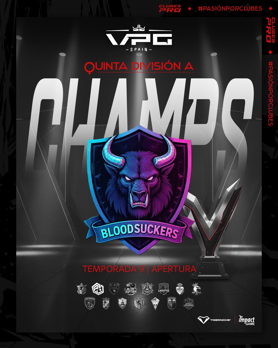 🏆 ¡CAMPEONES!
<a href="/BloodSuckers_eS/">BloodSuckers eSports</a> se corona en la 5ª División A de VPG Spain – Temporada 9 · Apertura 🔥

📊 30 PJ | 23 W | 3 E | 4 D
⚽ 73 goles a favor
💪 72 puntos para cerrar una temporada sólida, regular y con pegada.

Un campeón firme de principio a fin.
¡Enhorabuena,