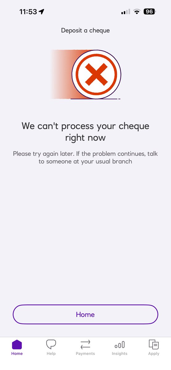 mdaj2071's tweet photo. @NatWest_Help - what’s up  with your app when attempting to deposit a cheque?  Updated the app &amp; I keep getting this error!  Can’t talk to anyone when I don’t have access to a branch, so how do I deposit this cheque when your app isn’t working? https://t.co/lfFa0oFB3k