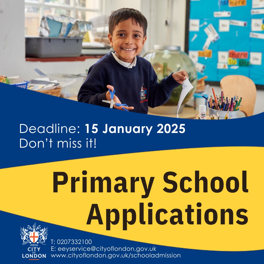 Primary School Applications
If your child was born between 1 Sept 2021 – 31 Aug 2022, it’s time to apply for a primary school place for Sept 2026.
Deadline: 15 January 2026 — don’t miss it!
Apply online now. cityoflondon.gov.uk/schooladmission