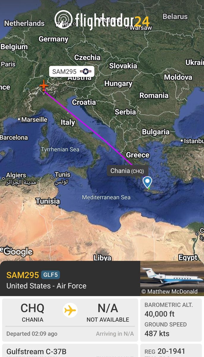 sipjack1776's tweet photo. Gulfstream C-37B 🇺🇲
#AE6CF1/20-1941/SAM295
Tracking NE out of Chania.
Aircraft arrived in Chania out of Rota on 20 NOV.
@Borrowed7Time https://t.co/zK0zrC2nkv