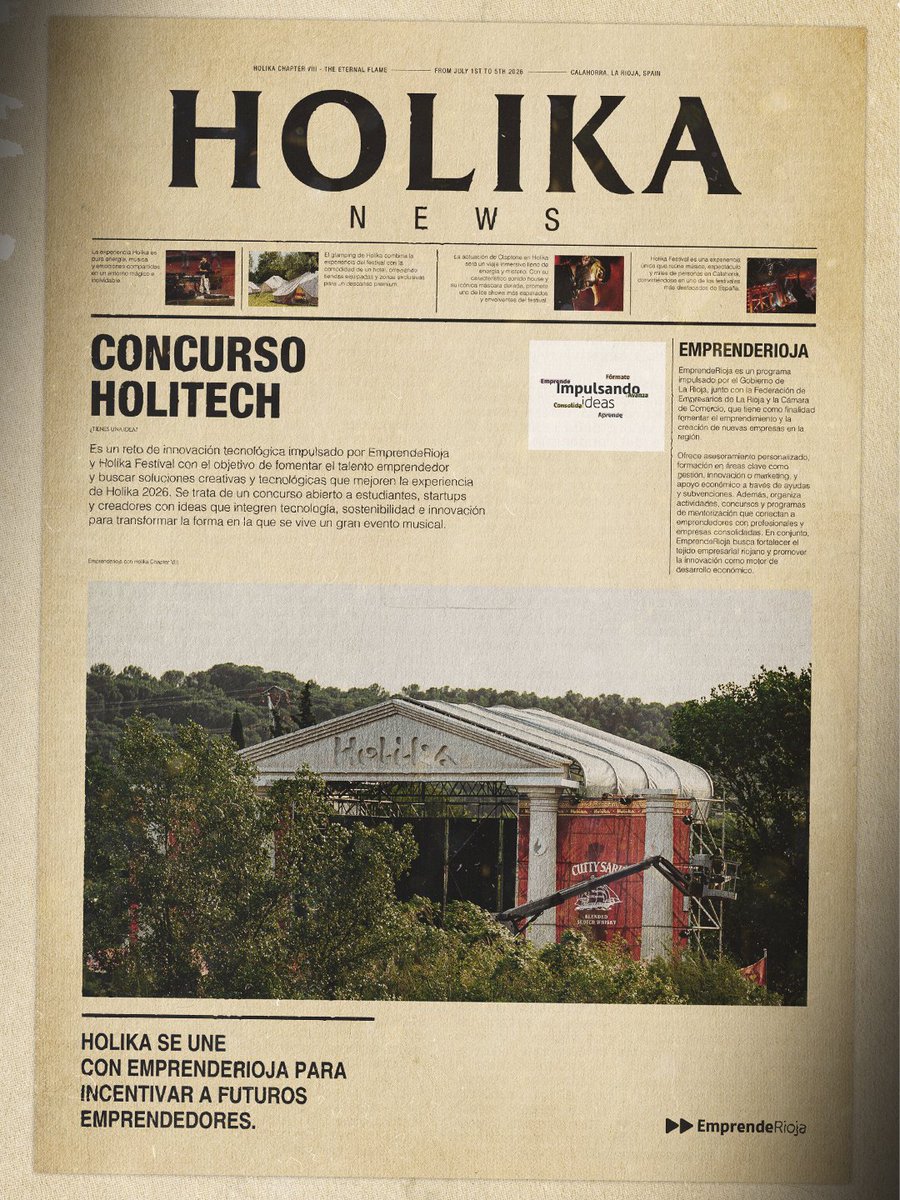 Concurso Holitech 💥 La idea ganadora se implementará en <a href="/holikafest/">Holika Festival</a>  2026, con apoyo técnico, visibilidad y experiencia completa en el festival (incluye Arcadia Village Resort)

Además, todas las personas participantes recibirán abono. ℹ️emprenderioja.es/concurso-holit…