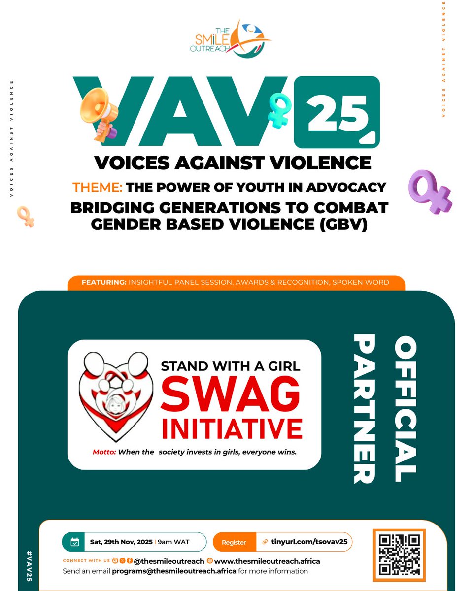 dsmileoutreach's tweet image. We are thrilled to welcome the Stand With A Girl (SWAG) Initiative as an official partner for VAV25! 
Together, we can raise our voices, inspire change, and stand in solidarity with girls everywhere.

Register now: tinyurl.com/tsovav25

#VoicesAgainstViolence #VAV25