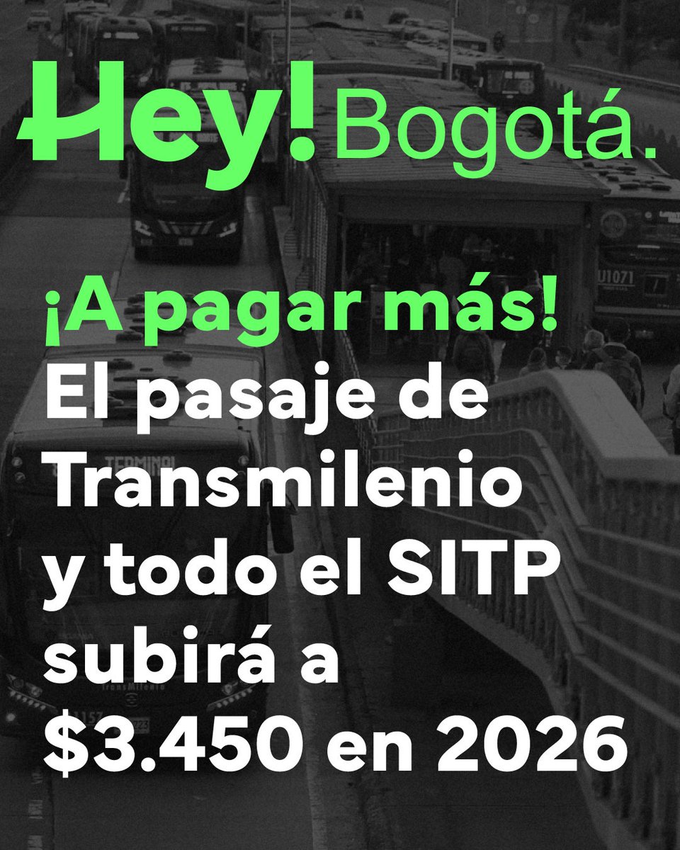 1/4. ¡El colmo! La alcaldía de <a href="/CarlosFGalan/">Carlos F. Galán</a> piensa subir $250 en 2026 al pasaje de transporte público, tanto Troncal como Zonal. El pasaje pasará de $3.200 a costar $3.450. Un aumento desproporcional del 7,8%, muy por encima del IPC de 4,52 tomado como base, lo que va en contra