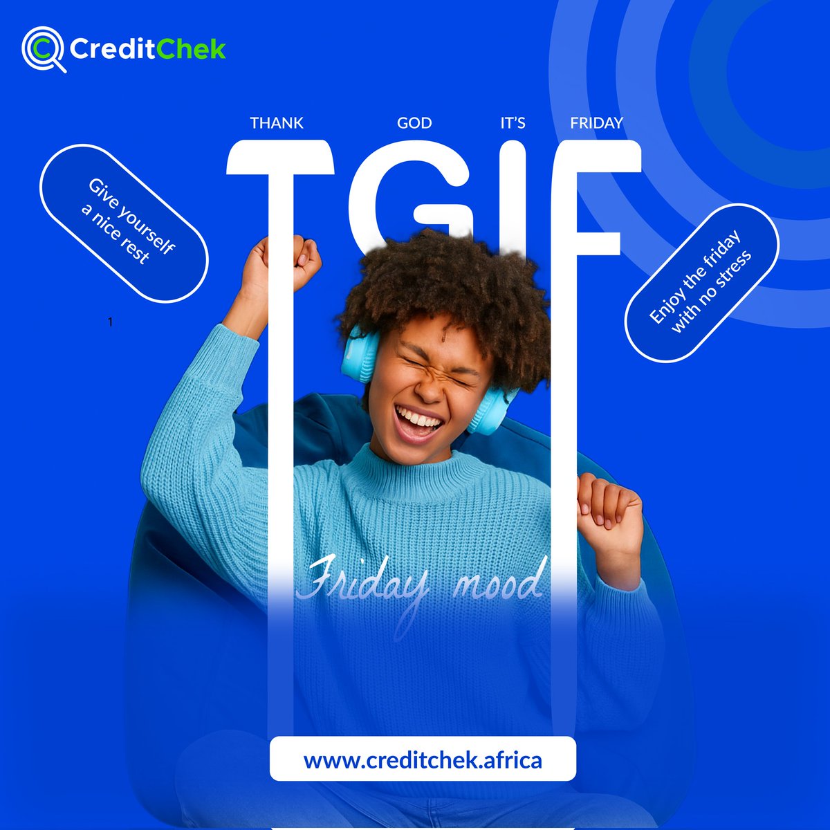 It’s Friday!
Time to log out, breathe out, and let creditchek handle the credit stress.
Have a restful weekend💃

creditchek.africa 

#CreditChek 
#IncomeInsight 
#CreditInsight
#Weekendvibes