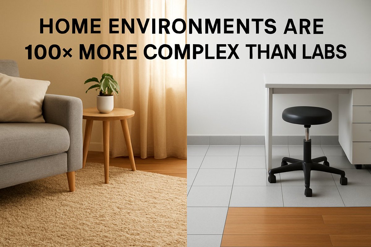 robotin_network's tweet image. Home environments are far harder than labs — easily 100× more complex.

- Irregular lighting.
- Mixed floors.
- Random, low-contrast dirt.
- Clutter, shadows, reflections.
- Nothing is controlled.

Robots trained in labs can’t handle real life.
That’s why household data matters.