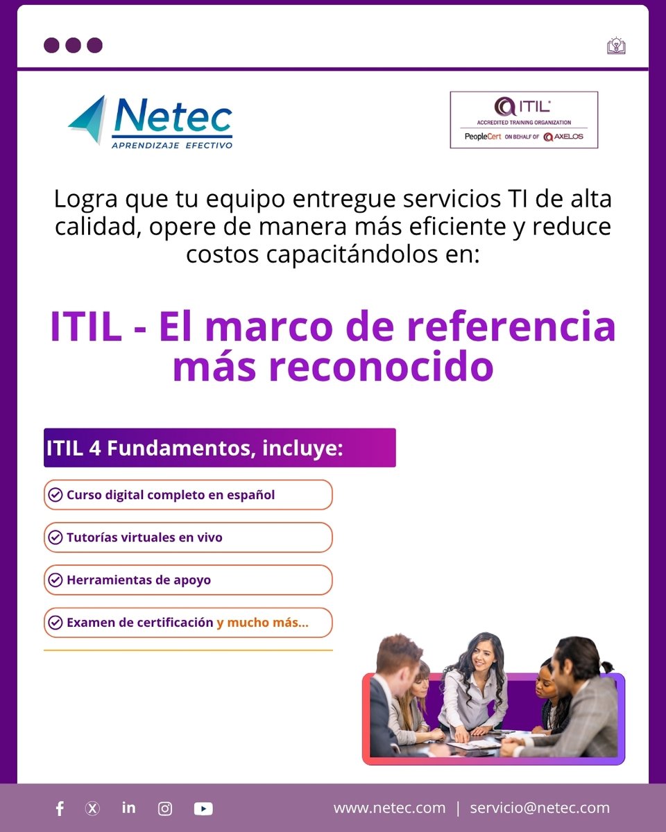 netec's tweet image. Capacita a tu equipo en ITIL para estandarizar y optimizar la gestión de servicios TI con mejores prácticas internacionales ➡️ hubs.la/Q03Vlhcj0

#ITIL4 #CapacitacionITIL #NetecConecta