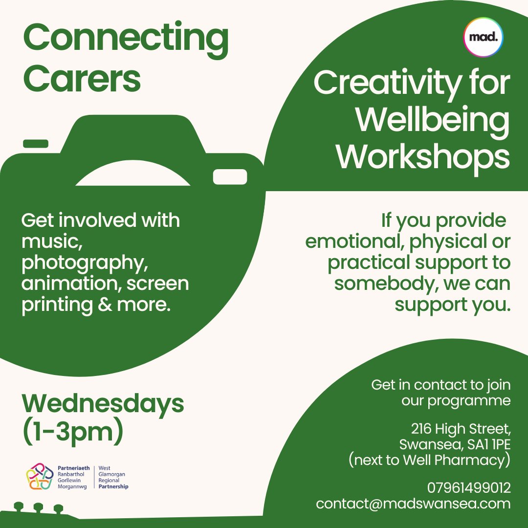 Creativity for Wellbeing Workshops!

Get involved with music, photography, animation, screen printing &amp; more

Wednesdays (1-3pm)

Get in contact to join:
contact@madswansea.com
07961499012

Swansea MAD, 216 High Street, Swansea, SA1 1PE (next to Well Pharmacy)

<a href="/WGlamPship/">West Glamorgan Regional Partnership</a>