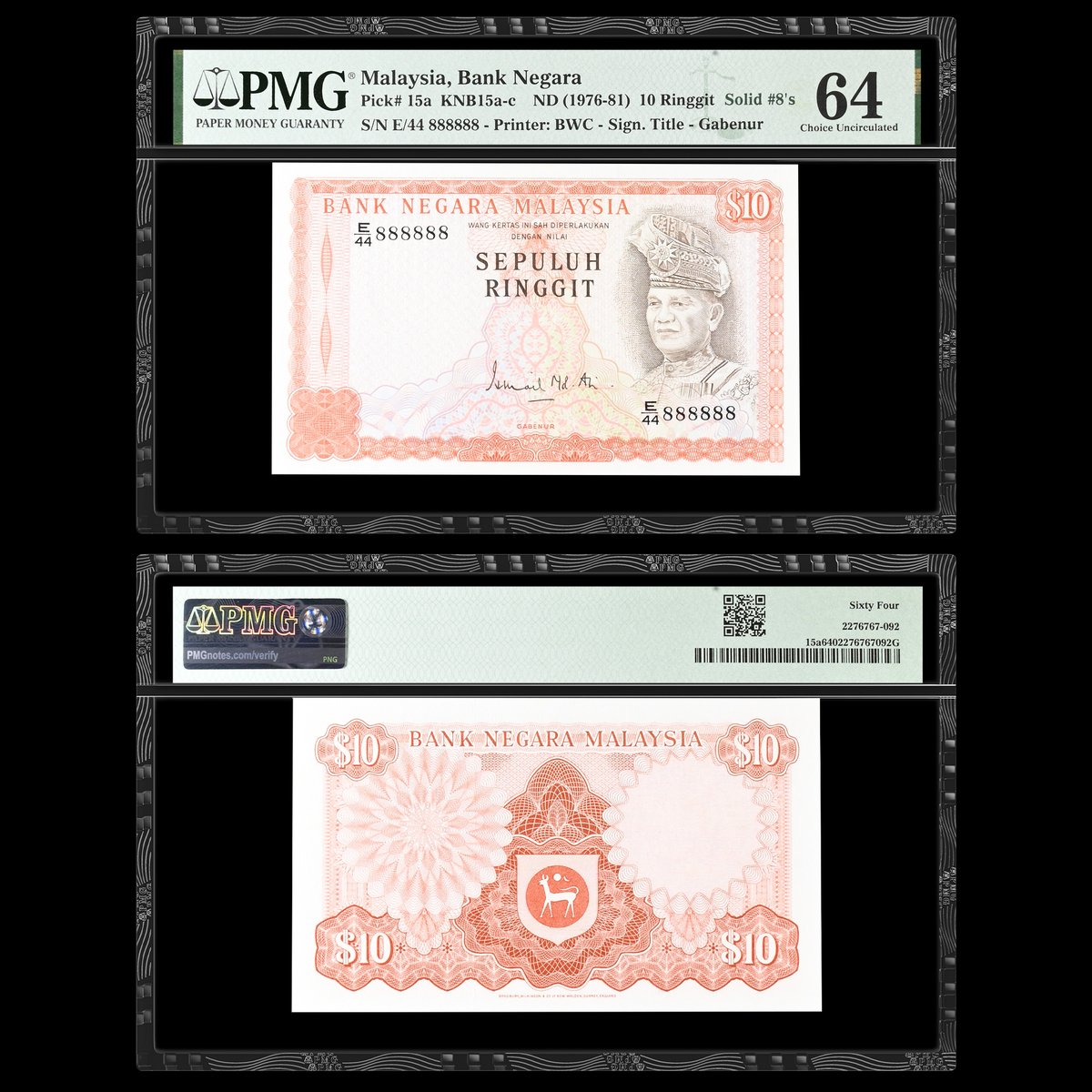 PMGnotes's tweet image. Note of the Day: Today’s #FancyFriday note is this Malaysia ND (1976-81) 10 Ringgit with a Solid-8 Serial Number. And if you’ve been looking to acquire a note like this, you’re in luck: It’s being offered in a Noonans sale: tinyurl.com/ypuydvyf #papermoney #malaysia #lucky