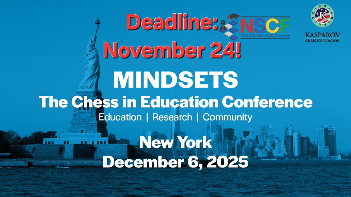 Kasparov_Chess's tweet image. 📌 Registration closes Nov 24!
MINDSETS: The Chess in Education Conference
🗓 Dec 6, 2025 — NYC
🎙 Keynote: Garry Kasparov
📚 Focus: Cognitive benefits, classroom integration, mindset &amp;amp; learning
👩‍🏫 For educators, coaches, administrators, researchers
…onalscholasticchessfoundat.regfox.com/new-york-chess…