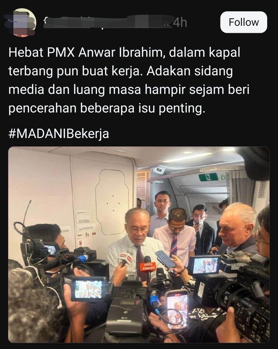 Inilah niat sebenar publicity stunt macam ni. Bukan betul2 nak fokus pada sidang media tapi propaganda nak tunjukkan PMX kuat bekerja. Dalam kapal terbang pun boleh buat sidang media katanya. Kesian ramai media complain baru nak berehat &amp; tidur semua terbangun sebab nak kena
