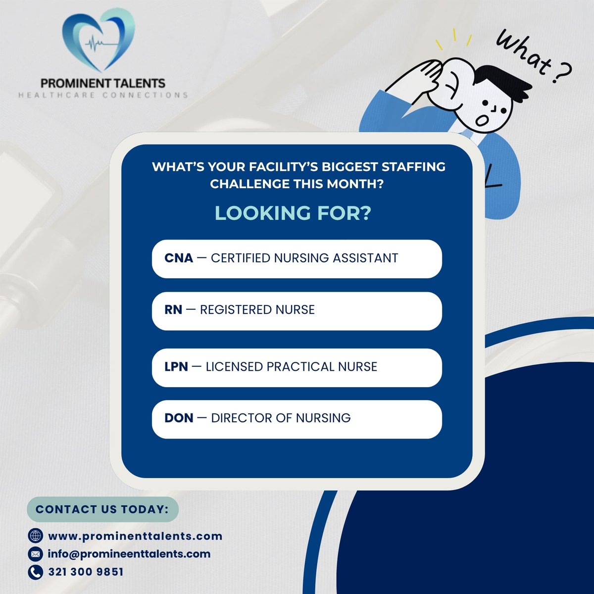 ProTalentsHR's tweet image. What’s your facility’s biggest staffing challenge this month? Your vote helps us shape better solutions for Florida providers.

Need help? Contact us:
📩 info@prominenttalents.com
 | 📞 321-300-9851

#HealthcareManagement #StaffingSolutions #ProminentTalents #NurseStaffing