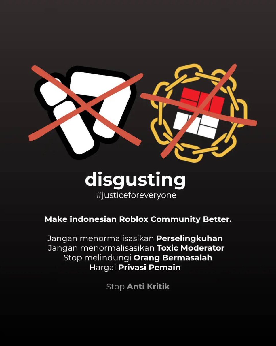txtFromRoblox's tweet image. Make Indonesian Roblox community better #justiceforeveryone 

Teman-teman, belakangan ini banyak sekali kasus-kasus negatif bermunculan di lingkungan Roblox Indonesia. Kasus perselingkuhan, developer atau admin yang bermasalah, map atau experience yang mengandung seksisme— (1/5)