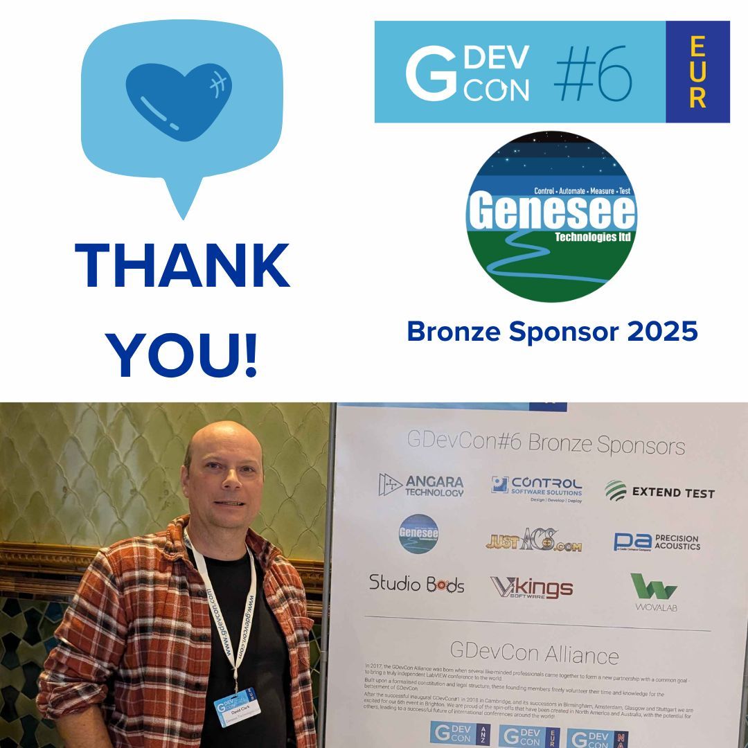 GDevConference's tweet image. Huge thanks to Genesee Technologies for being a first-time sponsor at #GDevCon in Brighton! 🙌 They bring 20+ years of expertise in #LabVIEW, #TestStand, and #software architecture. Check them out: geneseetechnologiesltd.co.uk #sponsor #graphicalprogramming