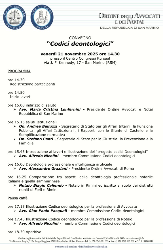 CODICI DEONTOLOGICI": a confronto, nel convegno di oggi a San Marino