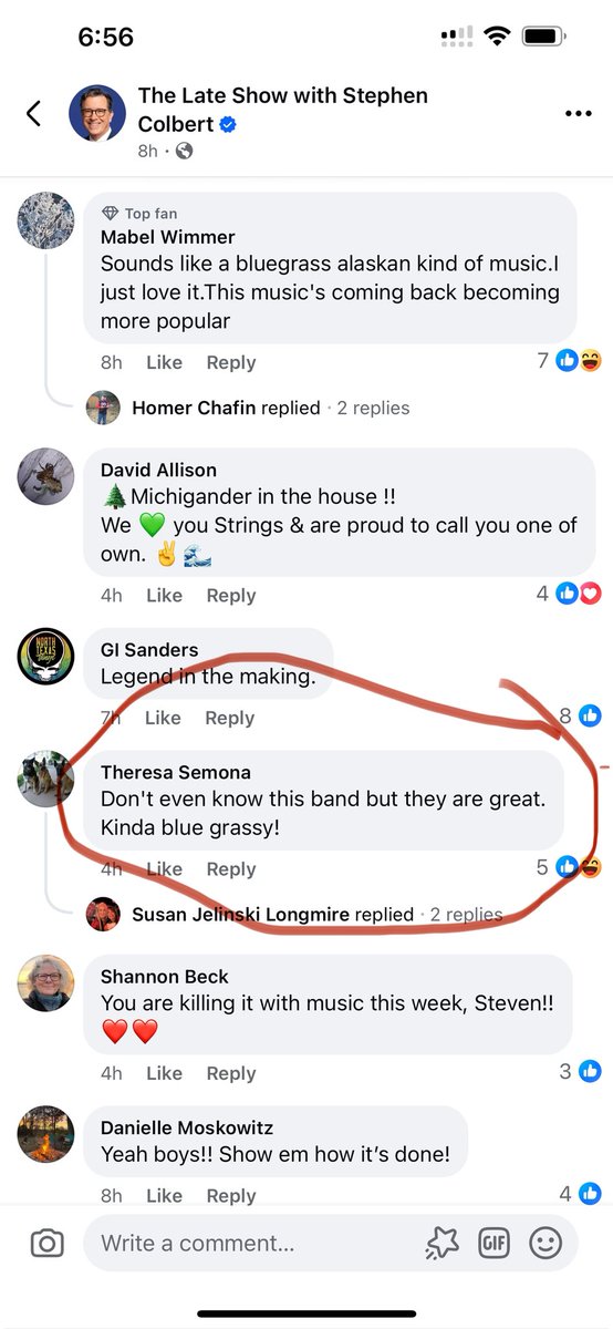 This comment under Billy’s video from Colbert last night on FB has me dying