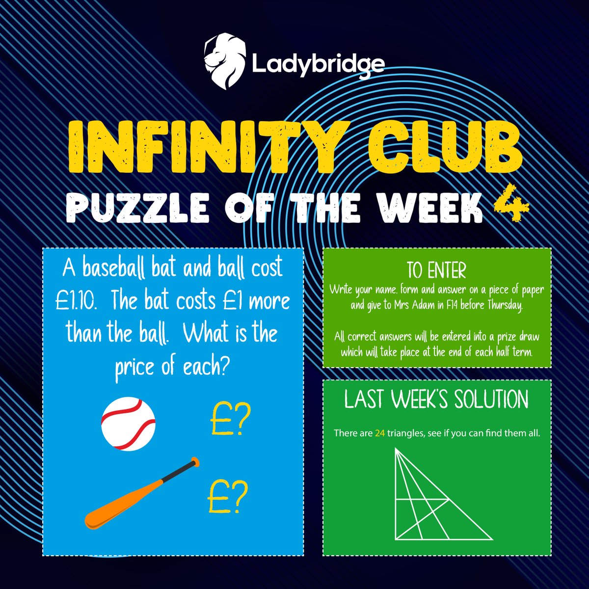 LadybridgeHigh's tweet image. Here&apos;s the @LadybridgeMaths puzzle number 4! 🤔Well done to everyone who worked out the solution to last week&apos;s puzzle! We&apos;ll be sharing answers again this time next week! #mathspuzzle #puzzleoftheweek #infinityclub #lovemaths