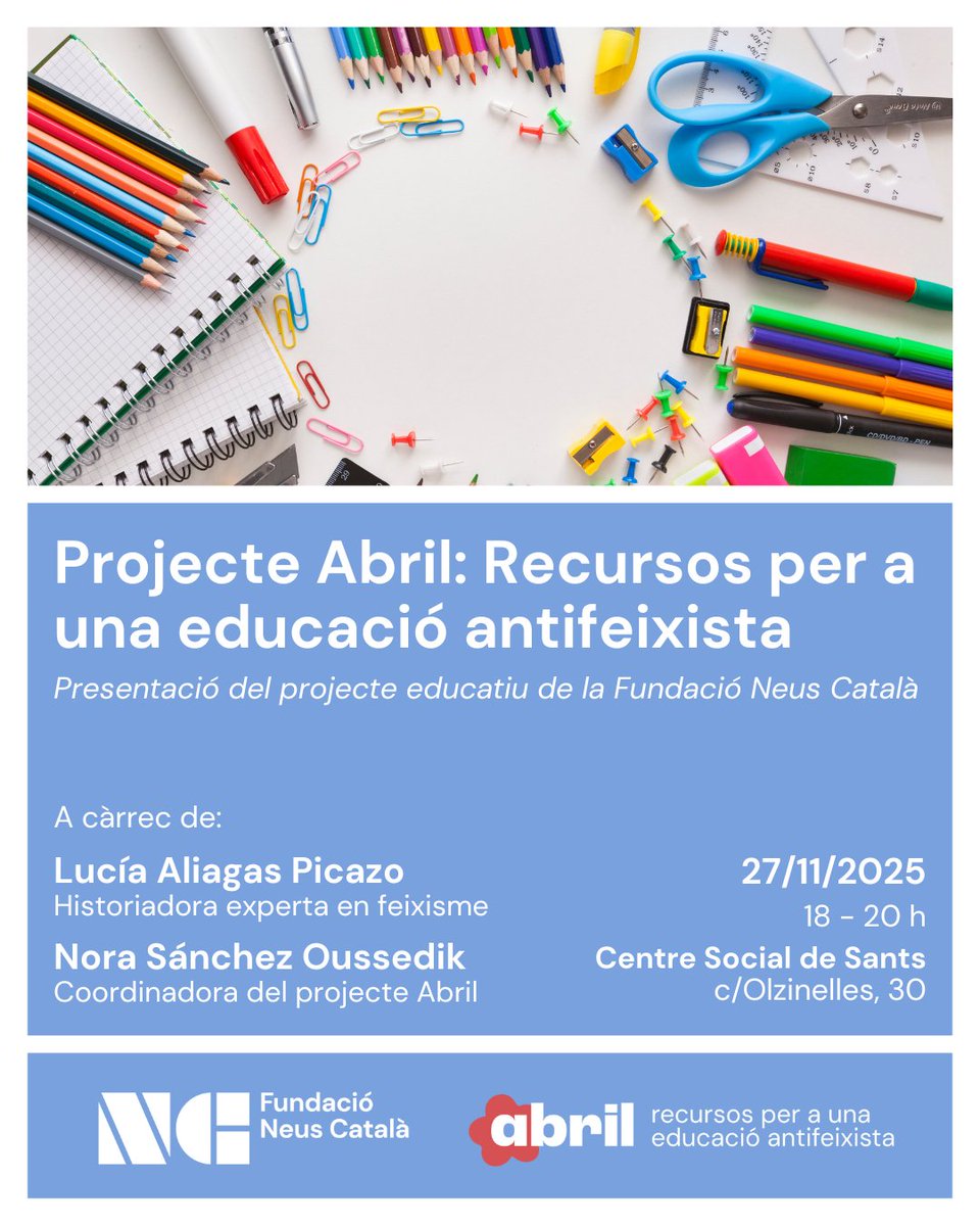 NeusCatala_fun's tweet image. 💮 Vols saber més del projecte Abril?

👉 El pròxim 27 de novembre, de 18 a 20 h, la @lurssia i l&apos; @oussedik seran al @centresocsants (c/Olzinelles, 30) per presentar-vos-en tots els detalls.

👋 No us ho perdeu!