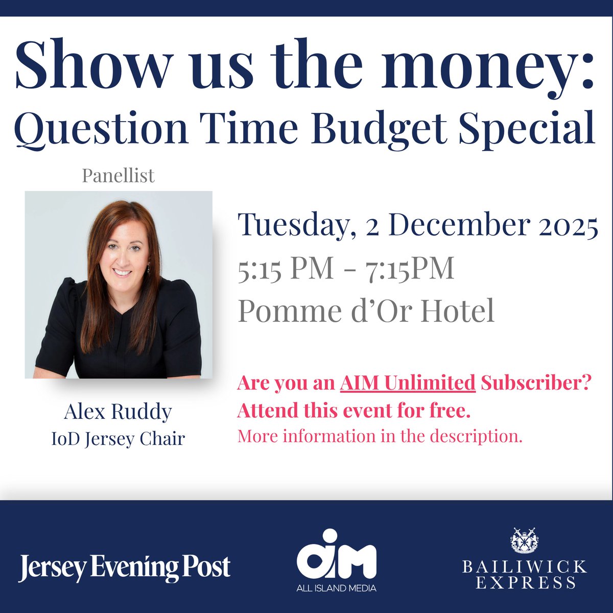 Meet the third panellist joining us in December for 2026 Show Us The Money: Question Time Budget Special.

Chair of the Institute of Directors Jersey and now an Executive Director at Collas Crill, Alex Ruddy.

Tickets: brnw.ch/21wXHvh