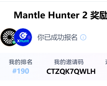 hihi 朋友们， <a href="/xhunt_ai/">XHunt</a>  &amp; <a href="/0xMantleCN/">0xMantleCN</a>  的榜单谁还没冲！喵只写了一篇就已经排到190名啦，前150名都有奖励的！

👉 点击chromewebstore.google.com/detail/gonmfaf… 下载插件，然后推特右侧会有四个活动，完成就行了！

✊宝子们使用我的邀请码：CTZQK7QWLH  ，会有5%的额外积分奖励，一起卷！！