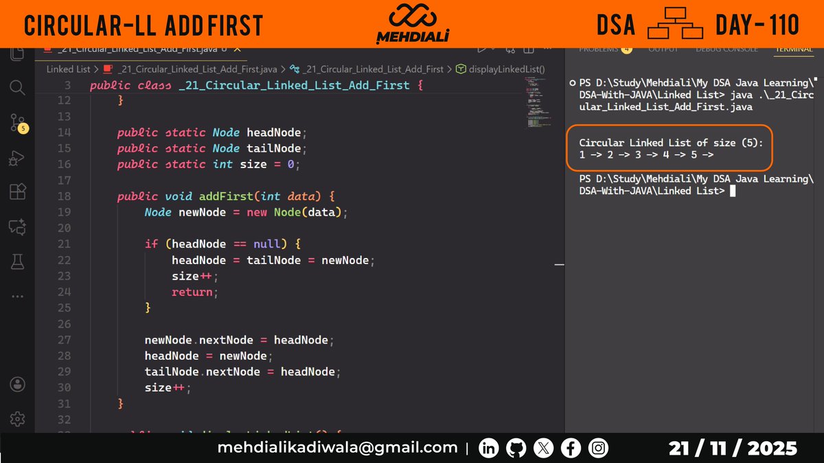 mehdiali_mk's tweet image. Circular-LL Add First  | DSA – DAY – 110
Github Link: github.com/mehdiali-mk/DS…

LinkedIn: linkedin.com/in/mehdiali-mk/

#365DaysofCode #365dayscoding #100daysofcodechallenge #100daysofcode #LearnDSA #DSAinJava #JavaProgramming #AlgorithmDesign #CodingPractice #codedaily