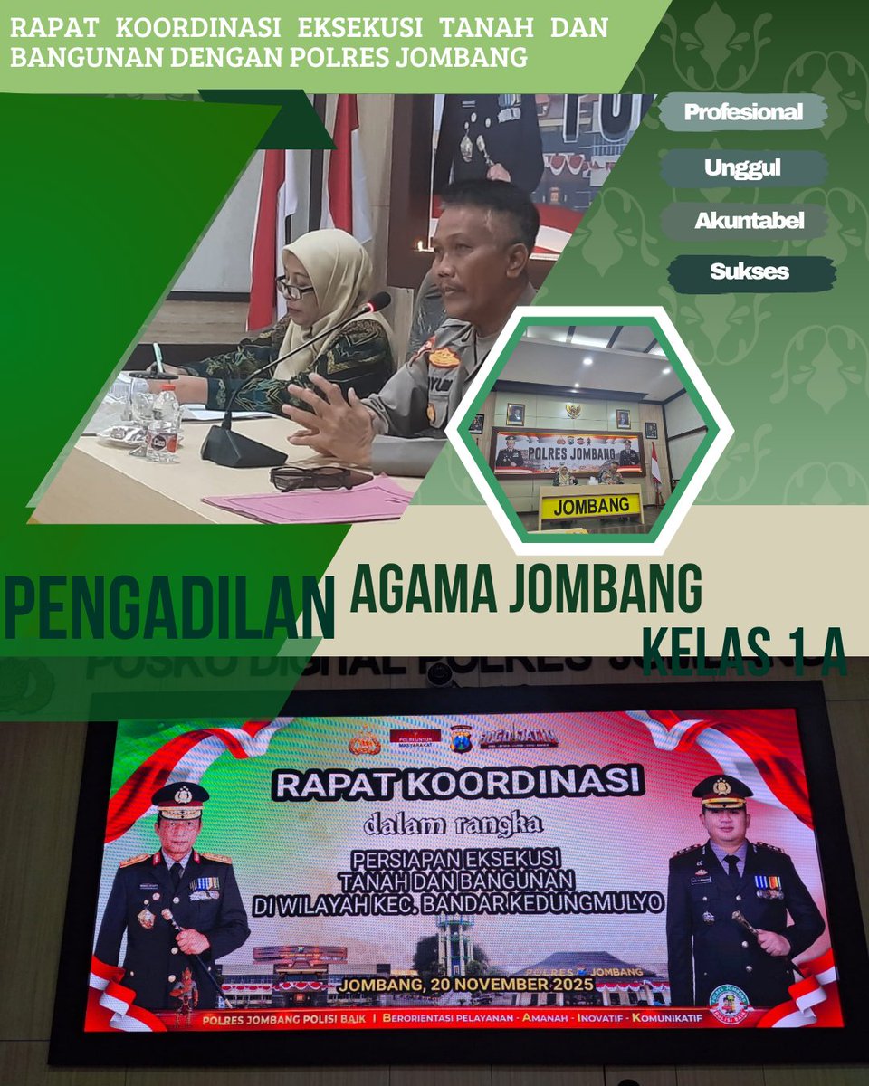 PAJombang's tweet image. Jombang, 20 November 2025

Sinergi antara Aparat Penegak Hukum, PA Jombang Laksanakan Rapat Koordinasi bersama Polres Jombang dalam rangka Persiapan Eksekusi Tanah dan Bangunan di Wilayah Kecamatan Bandarkedung
 #PUAS
Profesional, Unggul, Akuntabel, Sukses

#PAJombangPUAS