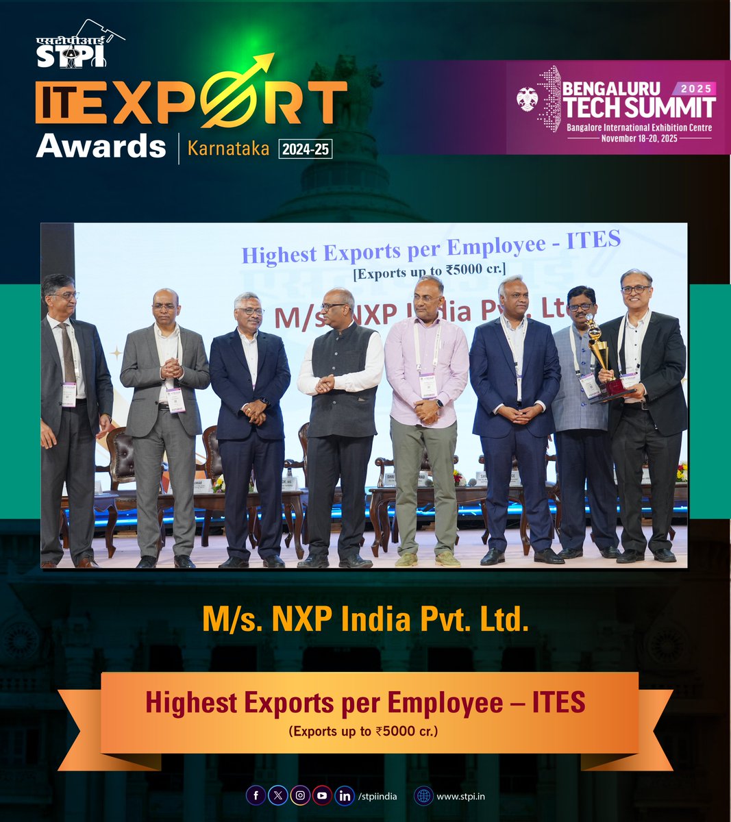 stpiindia's tweet image. In shot: STPI IT Export Award Ceremony at BTS 2025 📷

⭐ Congratulations to M/s. @NXP India Pvt. Ltd for achieving Highest Exports per Employee – ITES (Exports up to ₹5,000 cr.) in the Karnataka region.

📍Bengaluru Tech Summit (BTS) 2025 

#BTS2025 #KarnatakaInnovation #BTS…