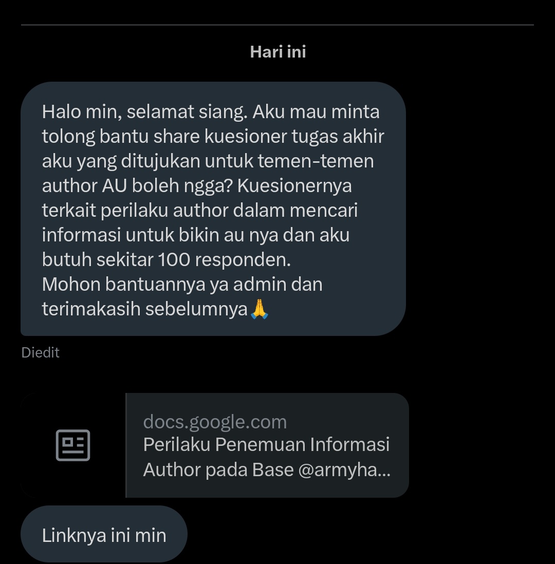 Hay author AHZ💜

Yuk bantu kak <a href="/iwuvyu3000/">Bell⁷🐱 - second acc for @sugaryjinn</a>  yang sedang mengerjakan tugas akhir dengan mengisi kuesioner penelitiannya.
Partisipasi kalian sangat membantu!
Formulir bisa diisi melalui tautan berikut ini:
🔗 bit.ly/3X8UzBW

Terima kasih untuk semua ARMY yang udah bantu🙏🏻