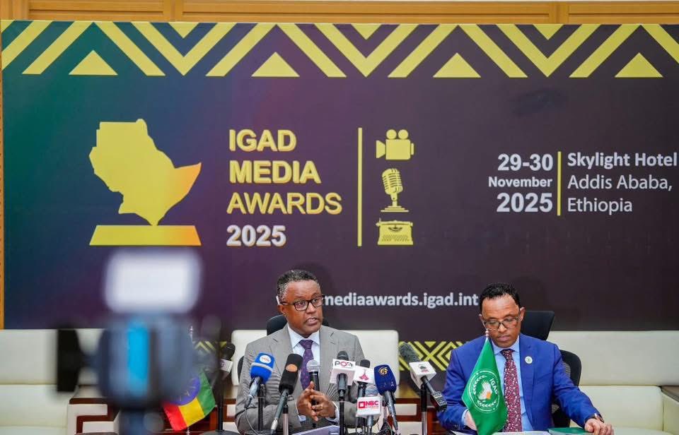 MFAEthiopia's tweet image. The Spokesperson of the Ministry of Foreign Affairs, Ambassador @AmbNebiatG, and the #IGAD Head of Mission to #Ethiopia, Abebaw Bihonegn, held a joint press briefing today on preparations for the 3rd IGAD Media Awards, scheduled for 29–30 November 2025 in Addis Ababa.

Ambassador…