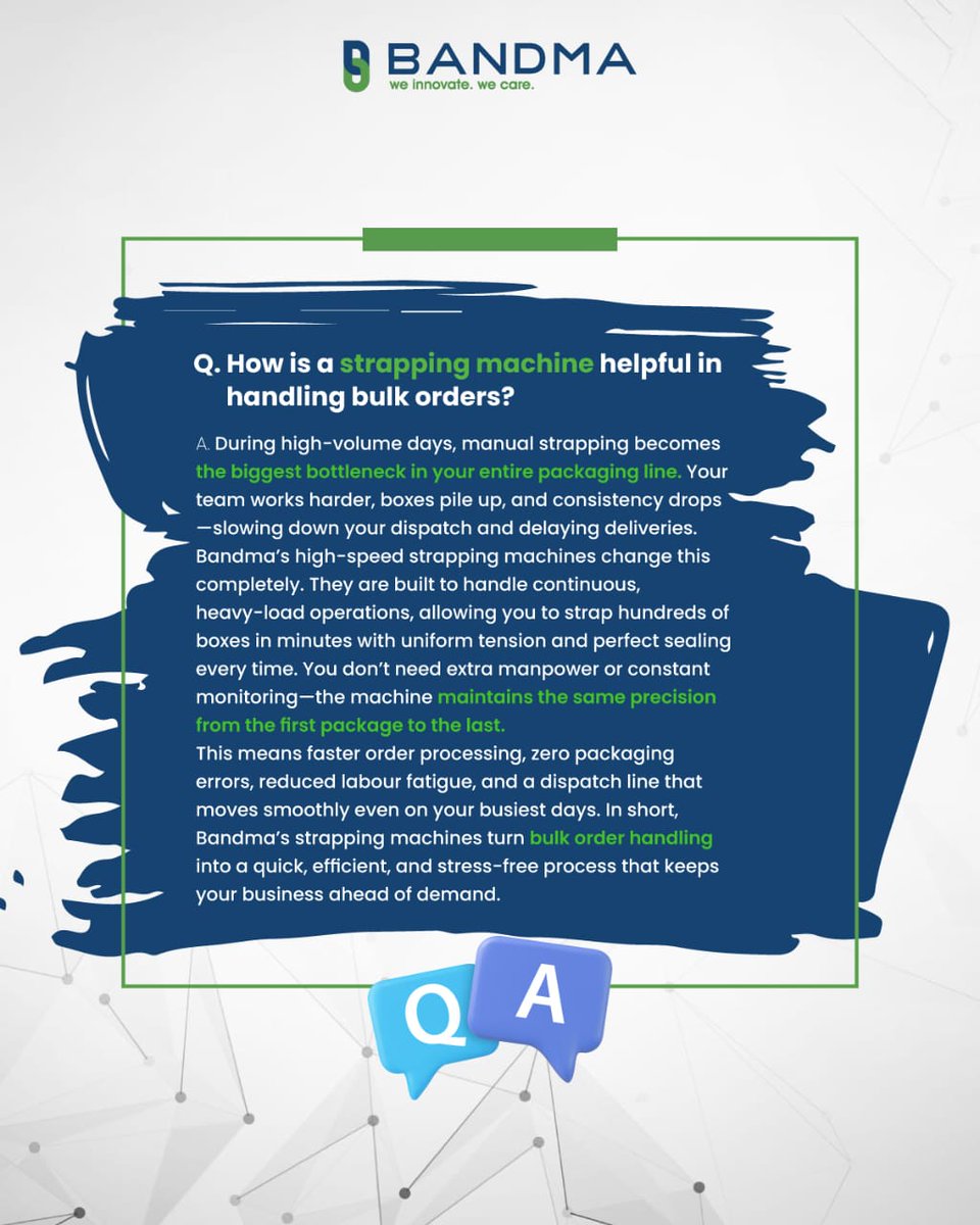 bandma_india's tweet image. Bulk orders shouldn’t slow your business they should fuel your growth.

But with Bandma’s high-speed strapping machines, your packaging line transforms instantly.
.
.
.
#Bandma #PackagingSolutions #StrappingMachine #BandmaSalaam #AutomationIndia #BulkOrders #ManufacturingIndia