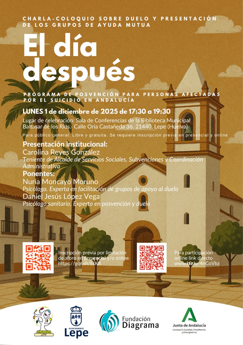 LepeSiente's tweet photo. El próximo lunes, 1 de diciembre, se celebrará en Lepe la charla - coloquio "El día después" sobre el duelo. Requiere inscripción y cuenta con dos modalidades: presencial o en línea: https://t.co/0p8FAJFNHQ
#LepeSalud #LepeSocial @AndaluciaRELAS https://t.co/kMdkV1MtTf