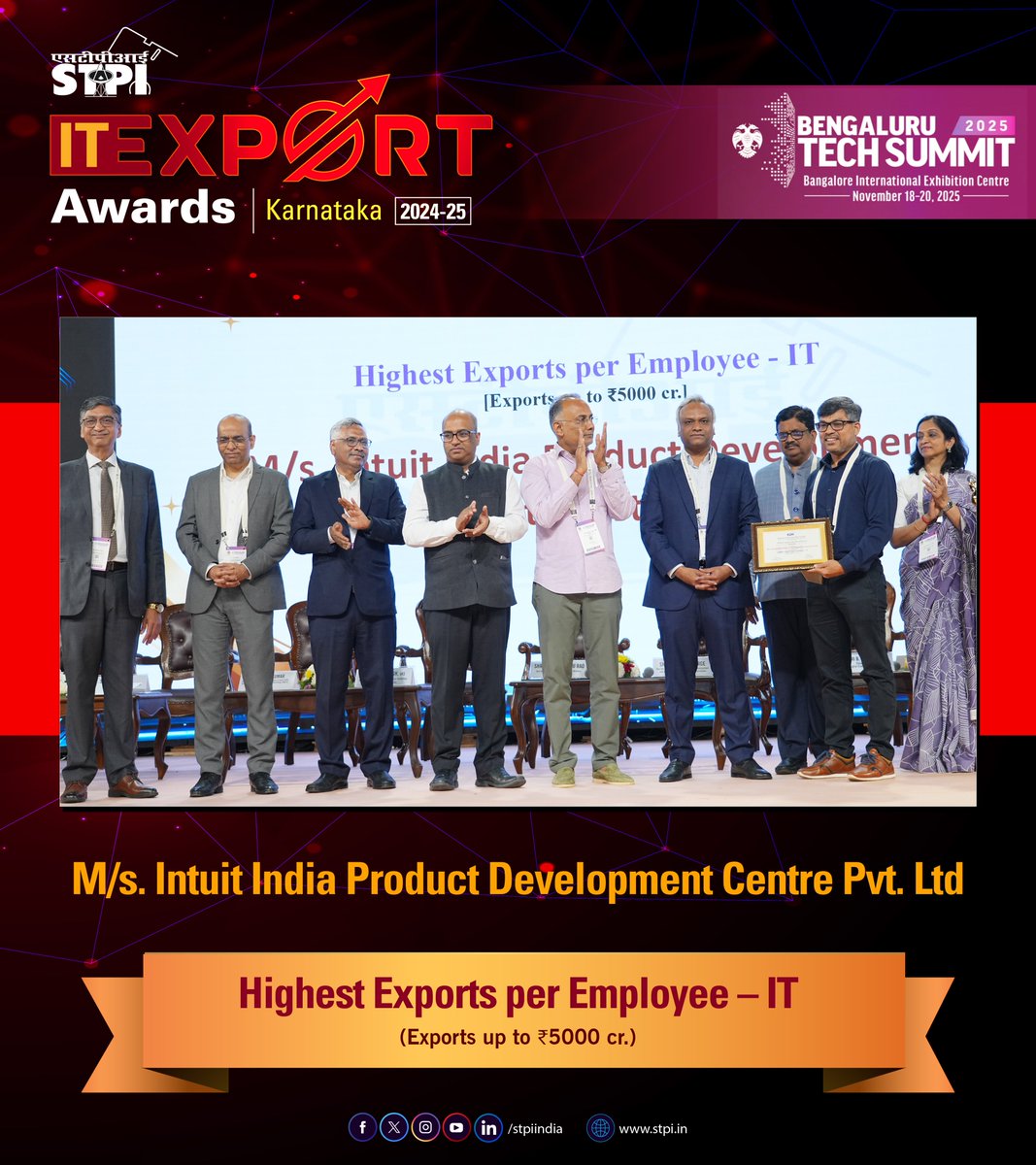 stpiindia's tweet image. In shot: STPI IT Export Award Ceremony at BTS 2025 📷

⭐ Congratulations to M/s. @Intuit India Product Development Centre Pvt. Ltd for achieving Highest Exports per Employee – IT (Exports up to ₹5,000 cr.) in the Karnataka region. 

📍Bengaluru Tech Summit (BTS) 2025

#BTS2025…