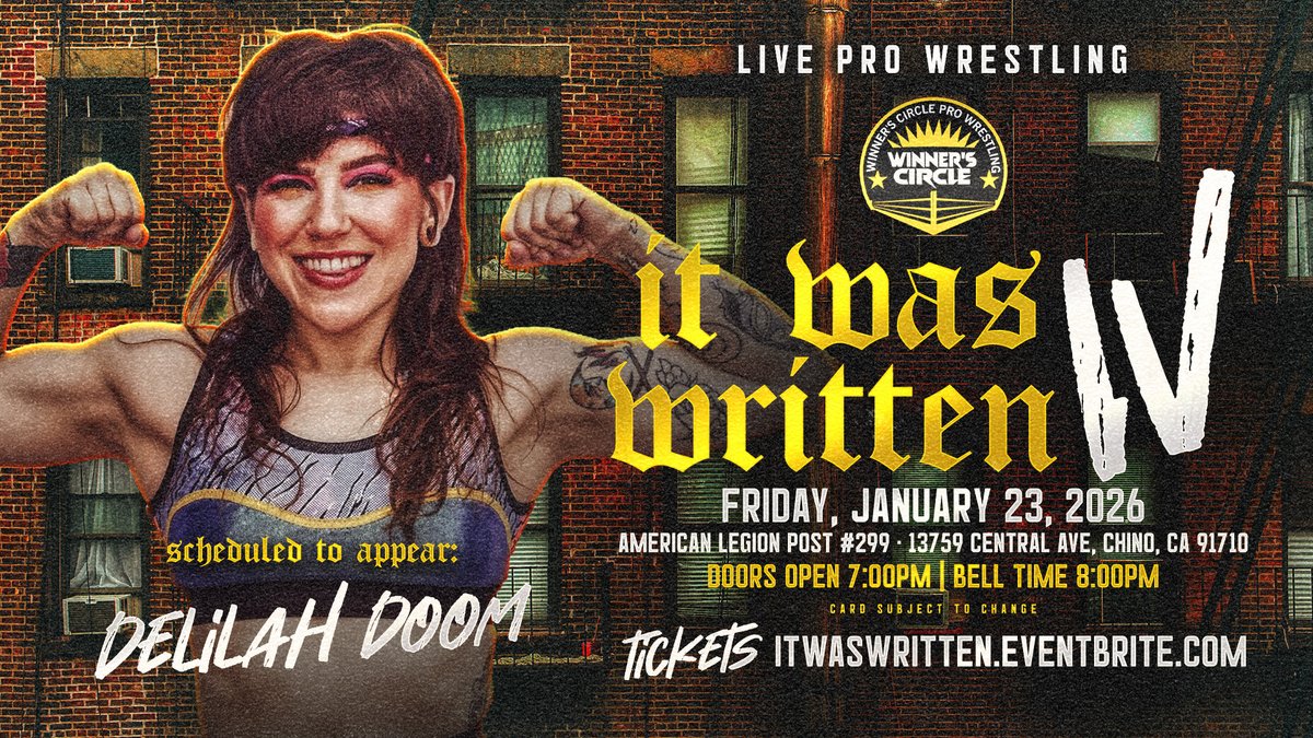 🚨 TALENT ANNOUNCEMENT!! 🚨

"Queen Of Aerobic Style" <a href="/Delilah_Doom/">⚡️📼Delilah Doom📼⚡️</a> 
LIVE at <a href="/WinnersCirclePW/">Winner's Circle Pro-Wrestling</a>: “It Was Written 4”

itwaswritten.eventbrite.com
🎟 Front Row $30 | 🎟 $25 GA