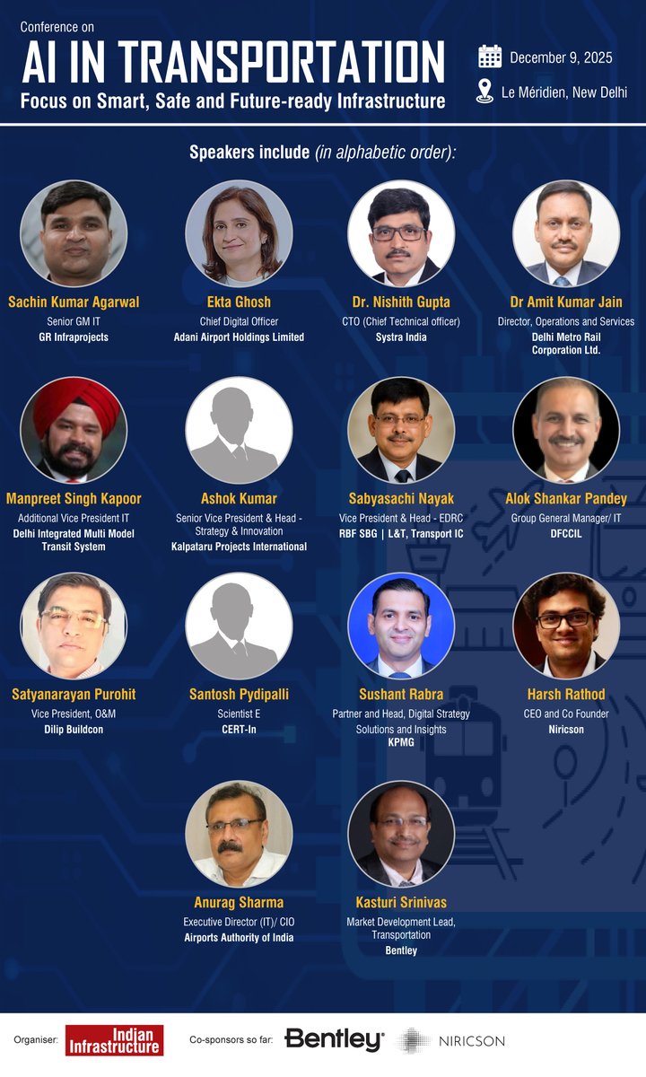 Indianinfra_mag's tweet image. Meet and interact with the top industry leaders at our upcoming Conference on AI in Transportation, being organised on December 9, 2025 at Le Méridien, New Delhi.

To attend, visit: web.cvent.com/event/012c6f7c…

#AIinTransportation #SmartMobility #IntelligentInfrastructure