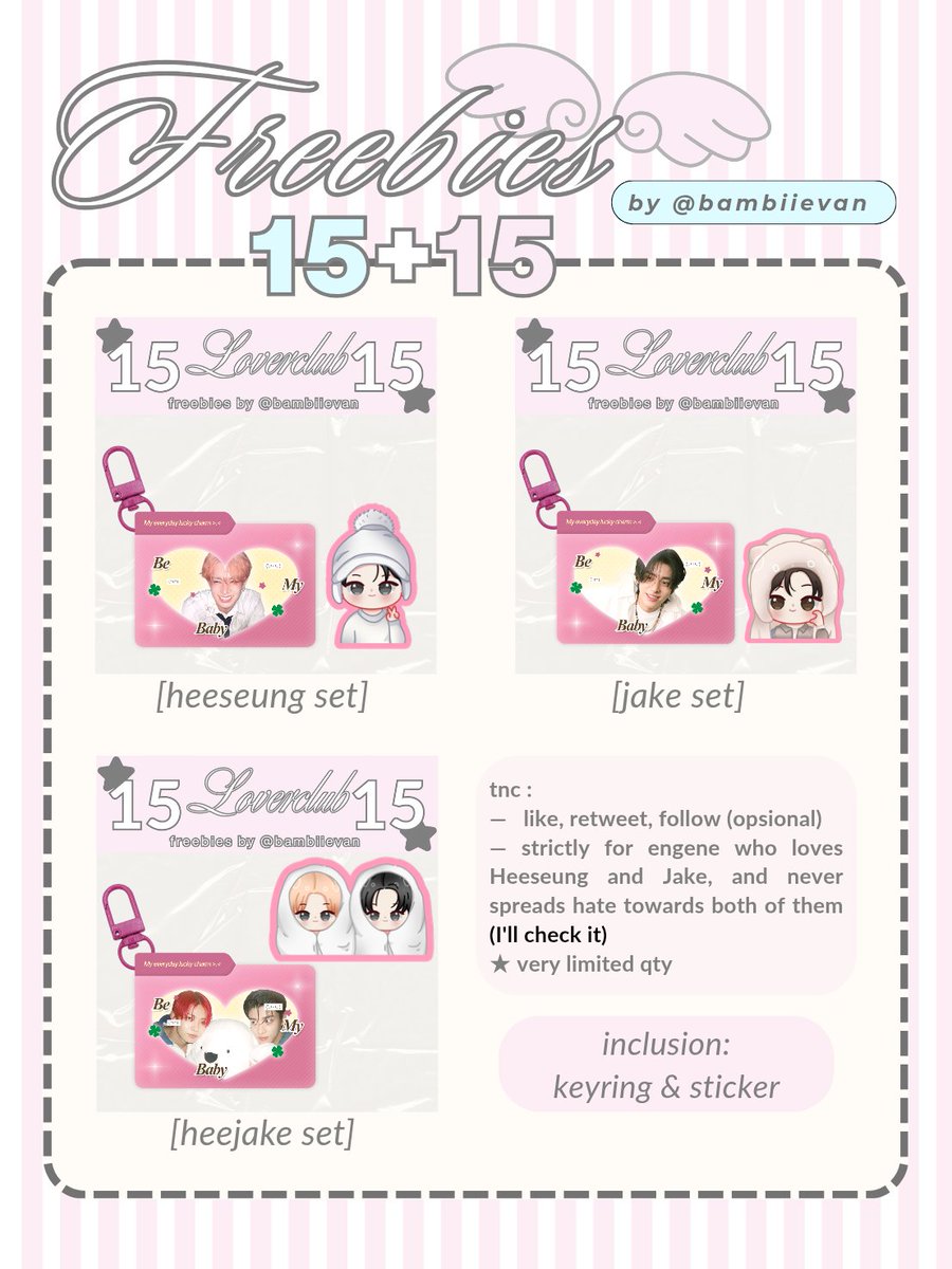 𐙚. HEESEUNG n JAKE birthday freebies by <a href="/bambiievan/">nan</a> 

how to claim :
★ rt &amp; like this tweet
☆ claim on shopee 25.11 (time, tba)
★ very limited qty

kindly drop ur @ if u want to be tagged &lt;3