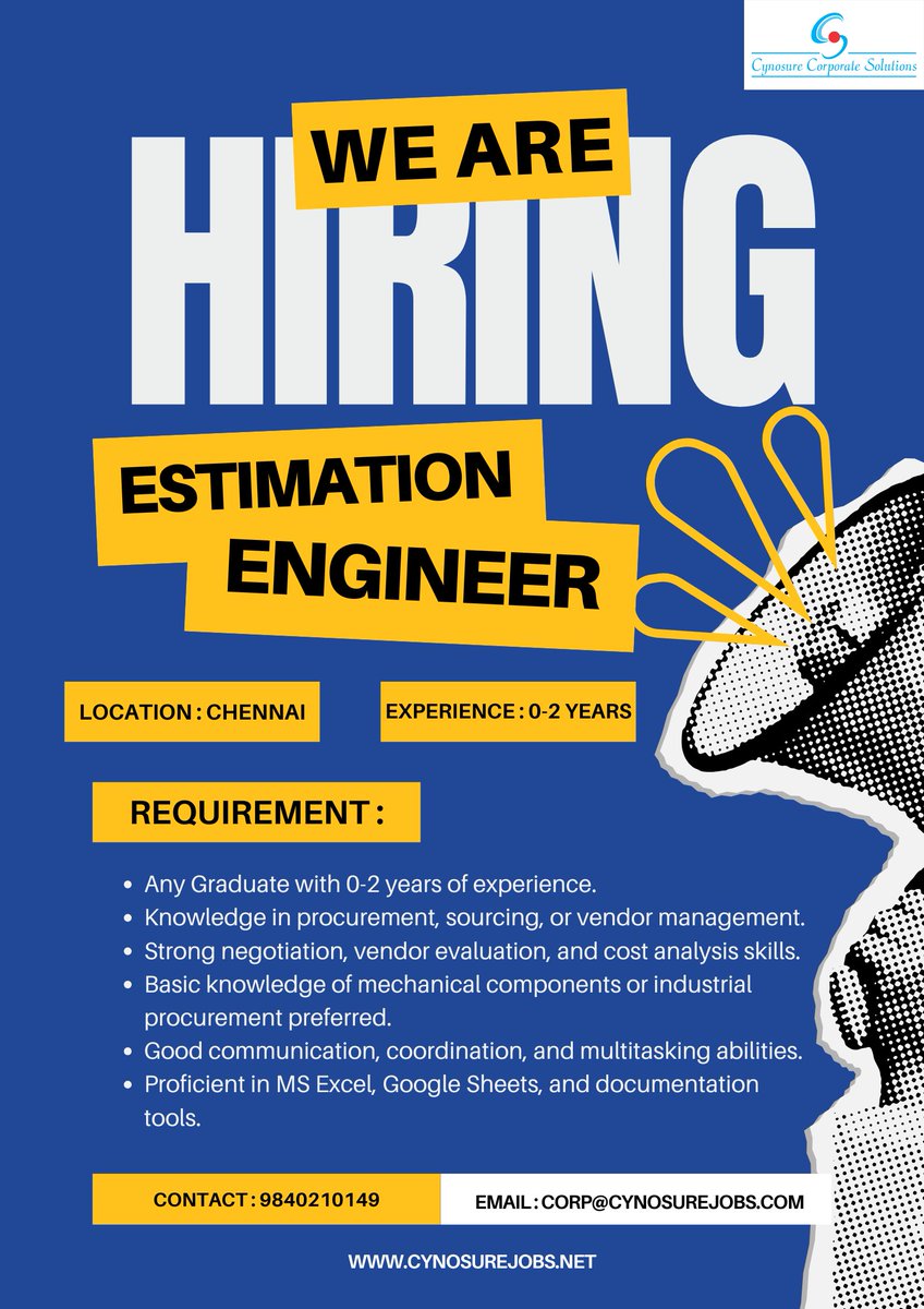cynosurejobs's tweet image. Hello Everyone,

We are hiring a Estimation Engineer
Experience: 0-2 years
Location: Chennai

Apply now: zurl.co/N2W1P 
Email: corp@cynosurejobs.com
Contact: 9840210149 

#Estimation #Costetimation #proposal #budgeting #Tendering
