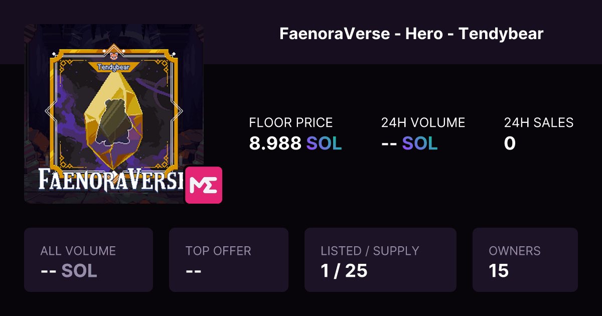 I put 1 <a href="/FaenoraVerse/">FAENORA Series</a> TendyBear Hero on sale, and it’ll go down in price every day until it’s sold.

magiceden.io/marketplace/te…