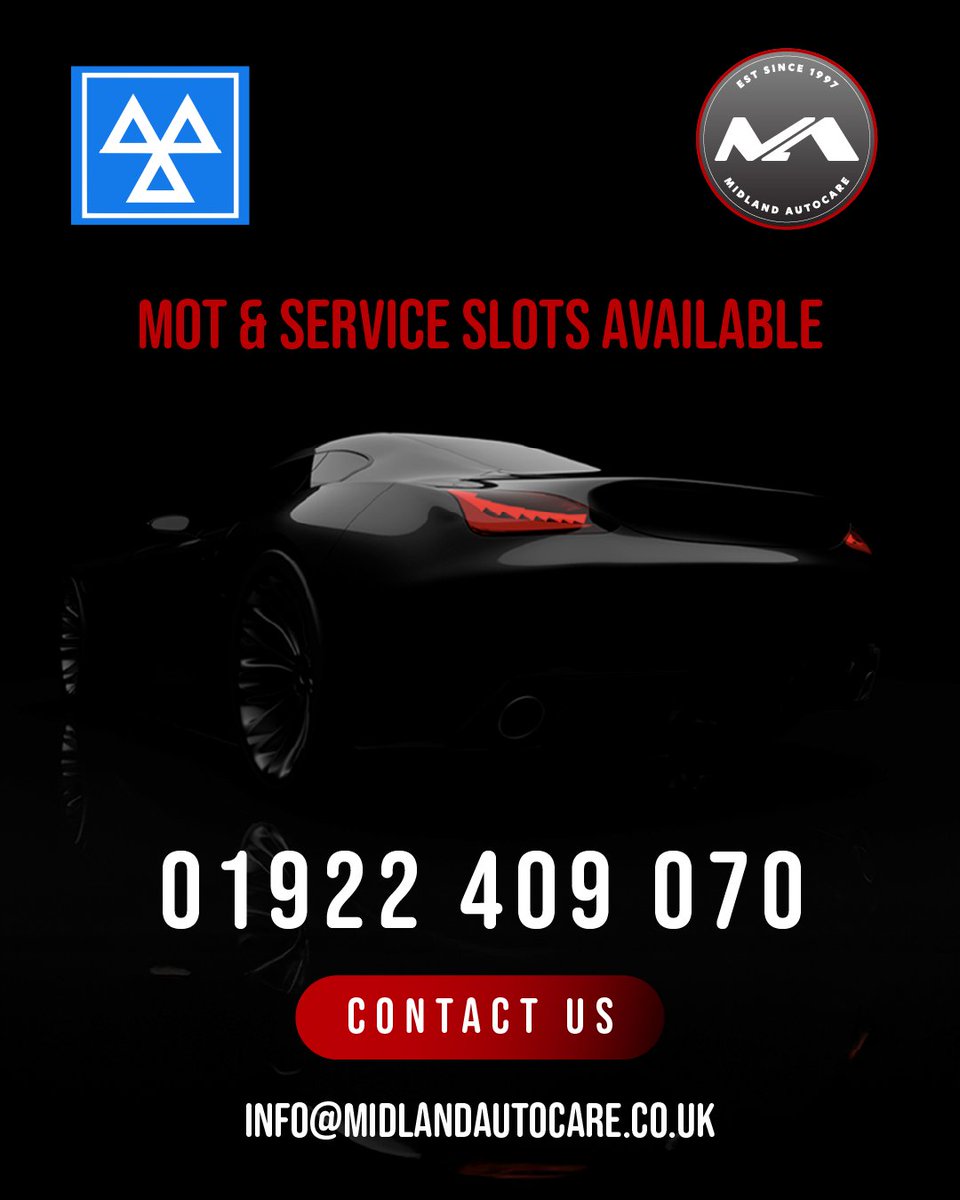 MidlandAutocare's tweet photo. Your local MOT &amp; service centre you can trust.
Quick, professional, and affordable — Midland AutoCare has slots available now.

📞 Call to book: 01922 409 070

#WalsallGarage #MidlandAutocare #WalsallMOT #CarMaintenance #CarServiceUK https://t.co/saBnCUrPJ6