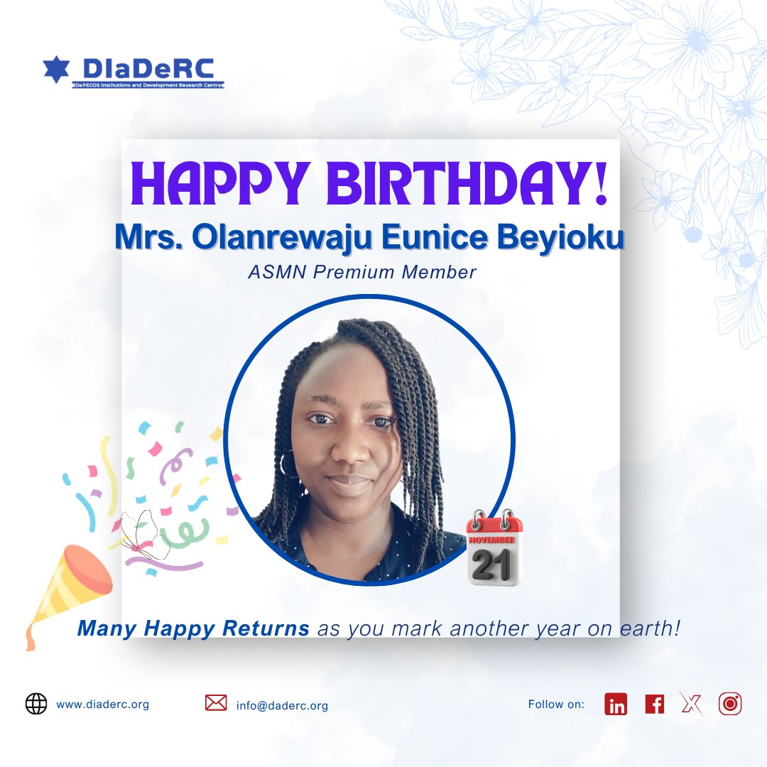 diaderc_centre's tweet image. Feature Friday
#CommunitySpotlight | Celebrating Our ASMN Premium Birthdays!

Happy birthday to Dr. Eseoghene Olaifa, Dr. Olanrewaju Eunice Beyioku, &amp;amp; Miss Oyindamola Olowogunle! 🎉 

ASMN onboarding (Dec 7), Book Launch (Dec 21), Data Science course (Feb 15-Apr 19).