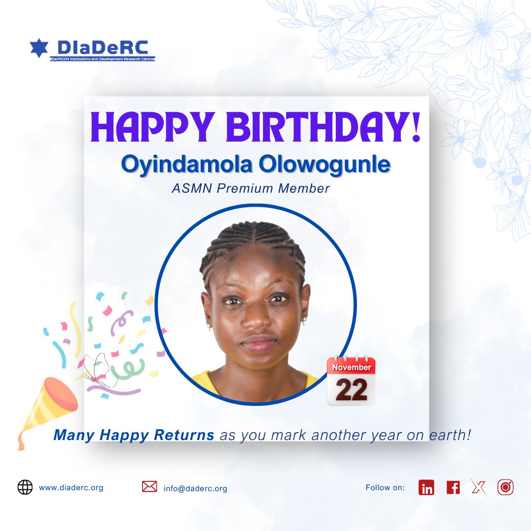 diaderc_centre's tweet image. Feature Friday
#CommunitySpotlight | Celebrating Our ASMN Premium Birthdays!

Happy birthday to Dr. Eseoghene Olaifa, Dr. Olanrewaju Eunice Beyioku, &amp;amp; Miss Oyindamola Olowogunle! 🎉 

ASMN onboarding (Dec 7), Book Launch (Dec 21), Data Science course (Feb 15-Apr 19).