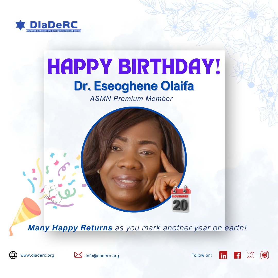 diaderc_centre's tweet image. Feature Friday
#CommunitySpotlight | Celebrating Our ASMN Premium Birthdays!

Happy birthday to Dr. Eseoghene Olaifa, Dr. Olanrewaju Eunice Beyioku, &amp;amp; Miss Oyindamola Olowogunle! 🎉 

ASMN onboarding (Dec 7), Book Launch (Dec 21), Data Science course (Feb 15-Apr 19).