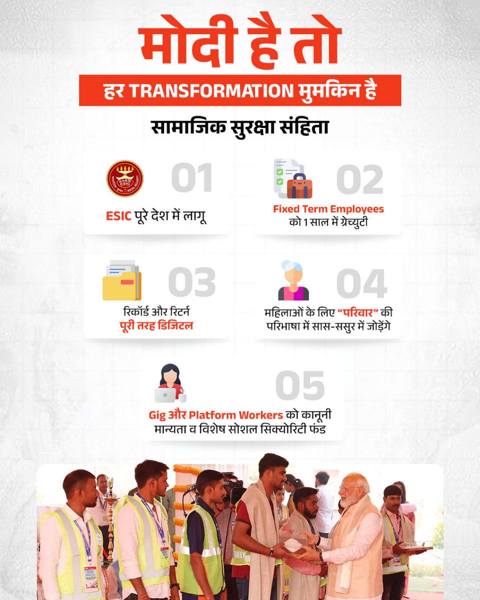 BJP4India's tweet photo. मोदी सरकार में हर सेक्टर के श्रमिकों के लिए खुशखबरी...

नए श्रम कानून में टेक्सटाइल वर्कर्स से लेकर एक्सपोर्ट सेक्टर, आईटी सेक्टर, सूक्षम, लघु और मध्यम उद्यम श्रमिकों सहित सभी के लिए ऐतिहासिक पहल!

#श्रमेव_जयते
#ShramevJayate