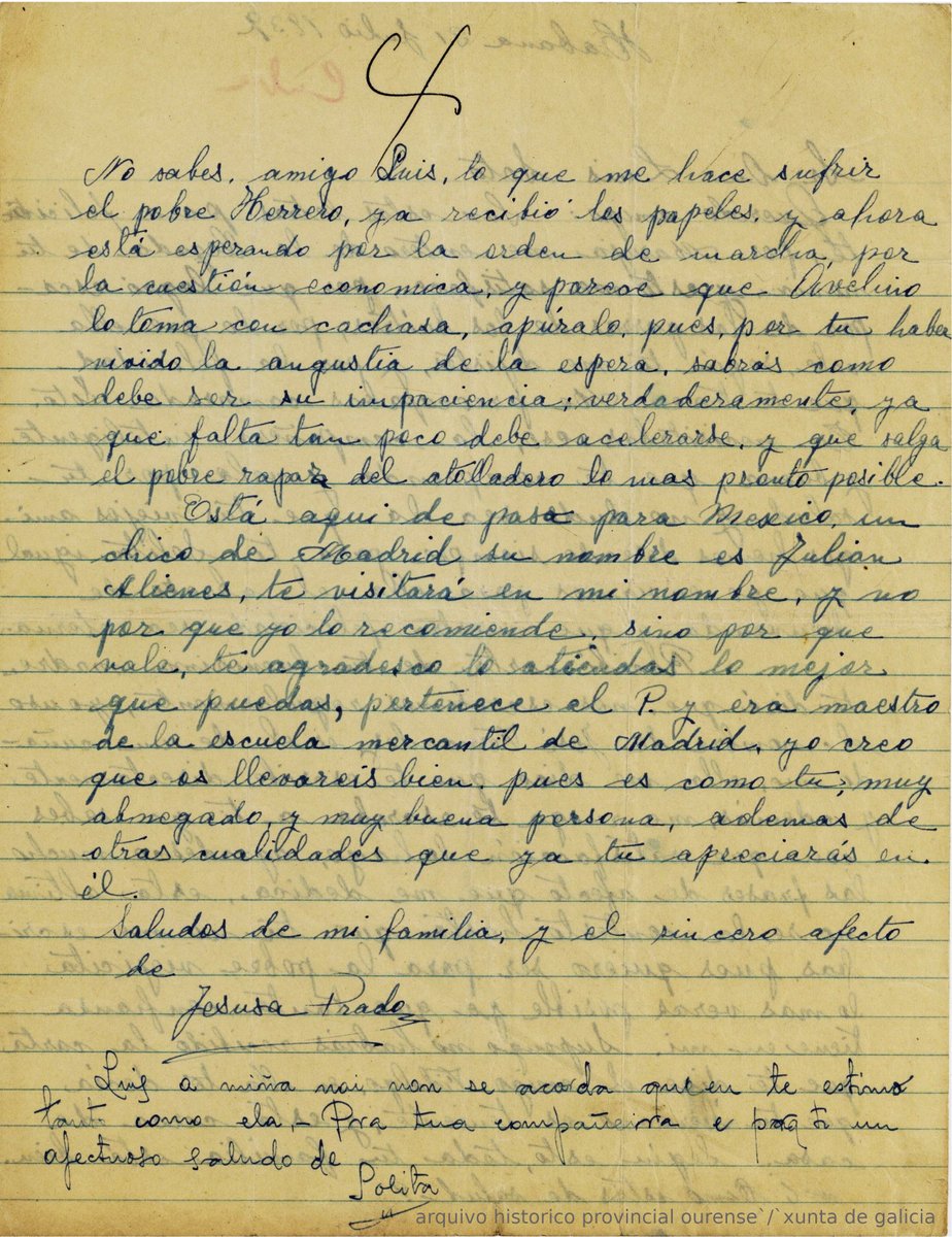 #Taldíacomohoxe de 1897 nacía en #Ourense Jesusa Prado López, unha política galega membro do PCE que loitou contra o fascismo e fuxiu a Cuba despois de ser encarcerada e perseguida polas súas ideas. Nesta carta  Jesusa pídelle a Luís Soto que axude a un compañeiro do Partido...