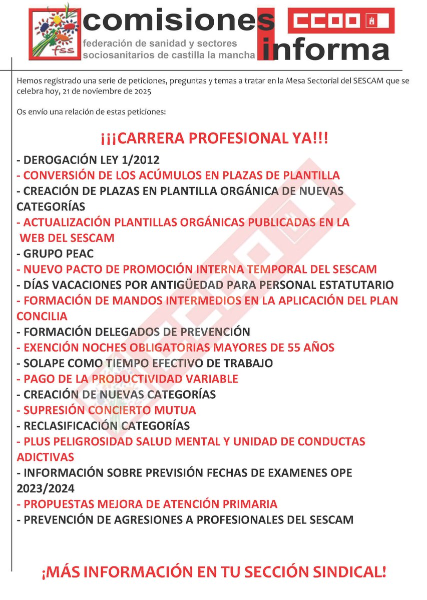 FSSCCOOCLM's tweet image. 📌 Hoy Mesa Sectorial en el @sescamclm 

✊Estas son nuestras reivindicaciones

🔊 Lo decimos alto y claro

¡¡¡ CARRERA PROFESIONAL YA !!!

#CCOOseMueve
#SinTiNoFunciona