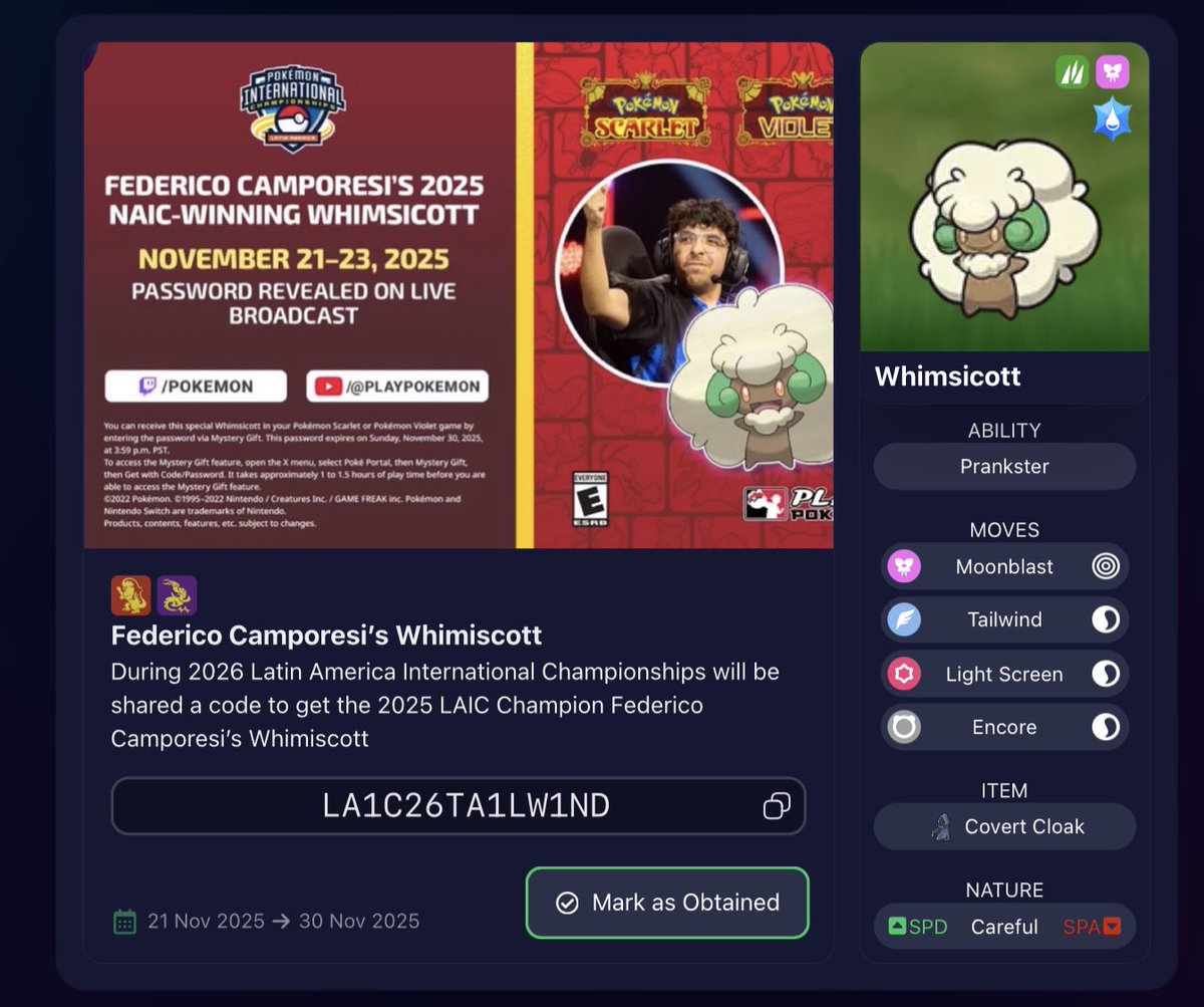 During 2026 Latin America International Championships has been shared a code to get the 2025 LAIC Champion Federico Camporesi’s Whimiscott 🇮🇹

LA1C26TA1LW1ND

🗓️ until November 30th