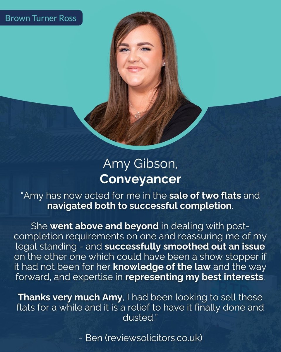 Another ⭐⭐⭐⭐⭐ review for Amy Gibson!

We’re so grateful for all the amazing feedback we’ve received recently - it means so much to our team and reflects our commitment to clear, supportive, and professional legal advice.

#BrownTurnerRoss #ClientFeedback #LegalExcellence