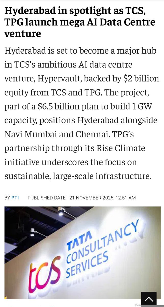 CmRevanthFan's tweet image. Hyderabad is emerging as a major force in India’s AI boom!
TCS–TPG’s Hypervault initiative is set to bring huge investments and 1 GW of advanced AI data-centre capacity.
#Hyderabad #AI #TCS #RevanthReddy #TelanganaRising